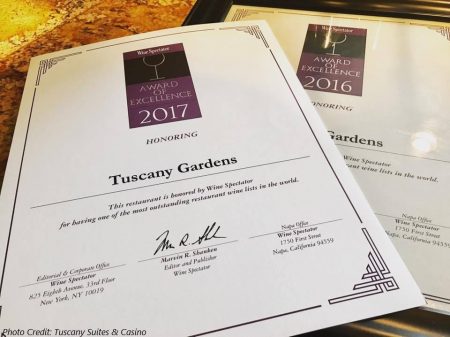Tuscany Gardens Awarded Wine Spectator Award Of Excellence For Fourth Straight Year